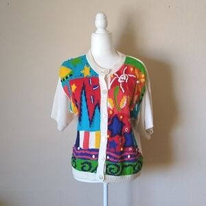 Vintage 1980s Chaus Cardigan Sweater with Rad Graphic in Vivid Colors